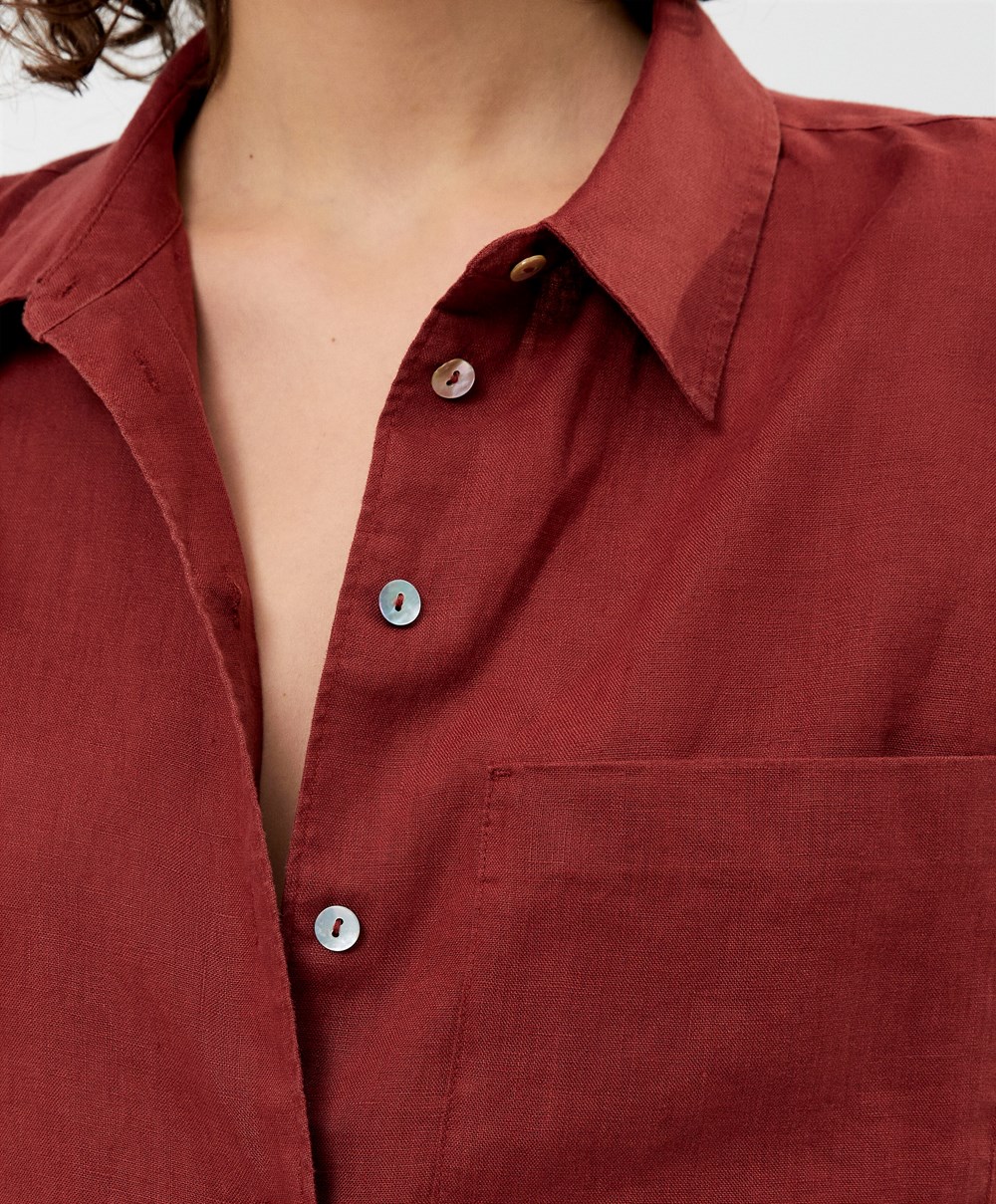 Oysho 100% Linen Long-sleeved Shirt Barna | GXTZDC-051