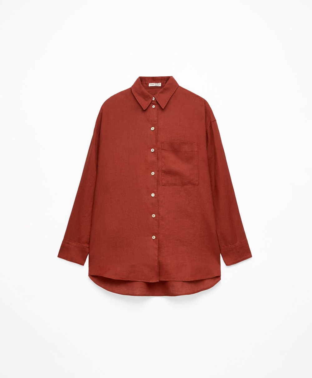 Oysho 100% Linen Long-sleeved Shirt Barna | GXTZDC-051