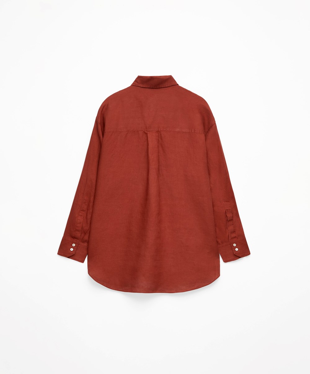 Oysho 100% Linen Long-sleeved Shirt Barna | GXTZDC-051