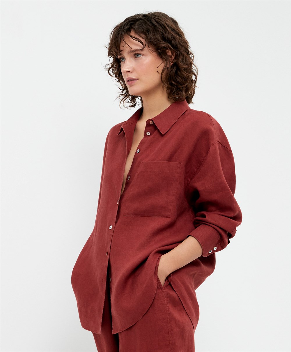 Oysho 100% Linen Long-sleeved Shirt Barna | GXTZDC-051