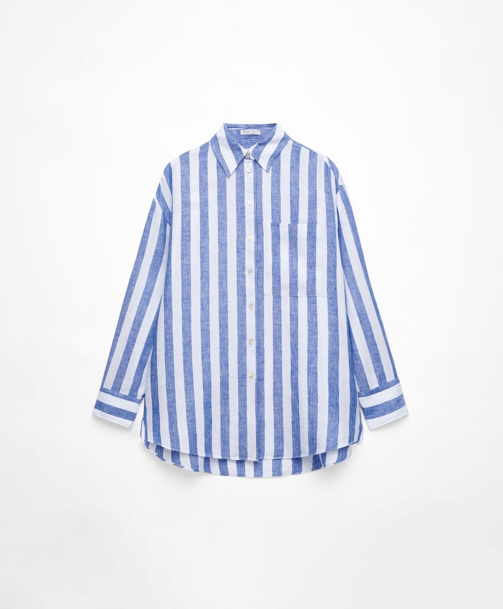 Oysho 100% Linen Long-sleeved Shirt Cobalt | KPSNJT-172