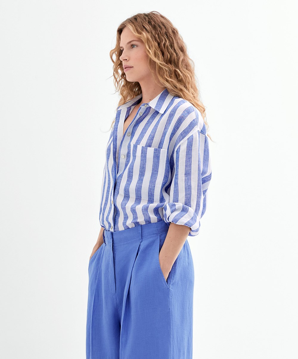 Oysho 100% Linen Long-sleeved Shirt Cobalt | KPSNJT-172