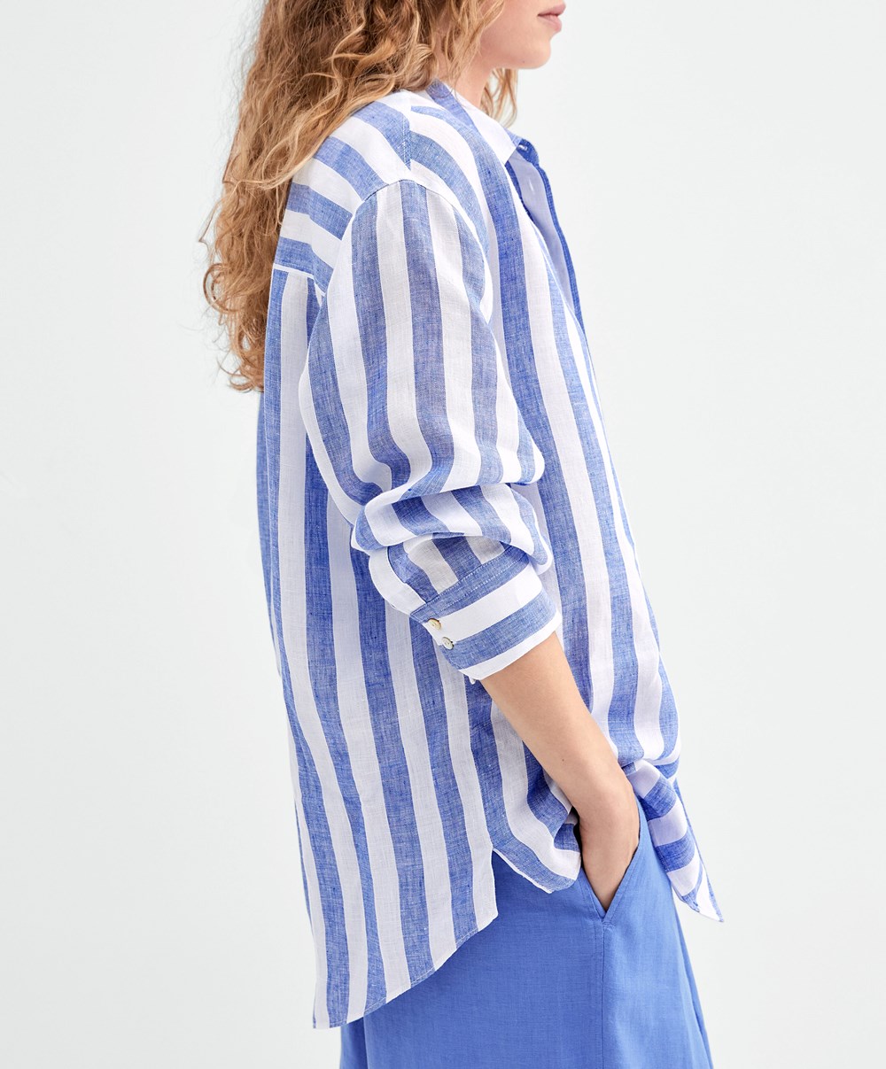 Oysho 100% Linen Long-sleeved Shirt Cobalt | ODNSGP-657