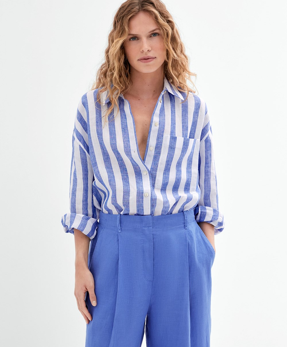 Oysho 100% Linen Long-sleeved Shirt Cobalt | ODNSGP-657