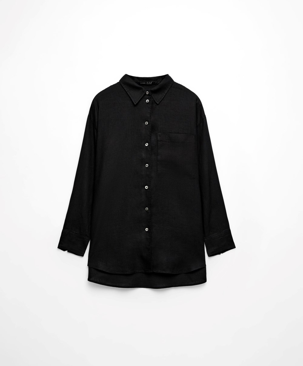 Oysho 100% Linen Long-sleeved Shirt Fekete | UKRNJP-283