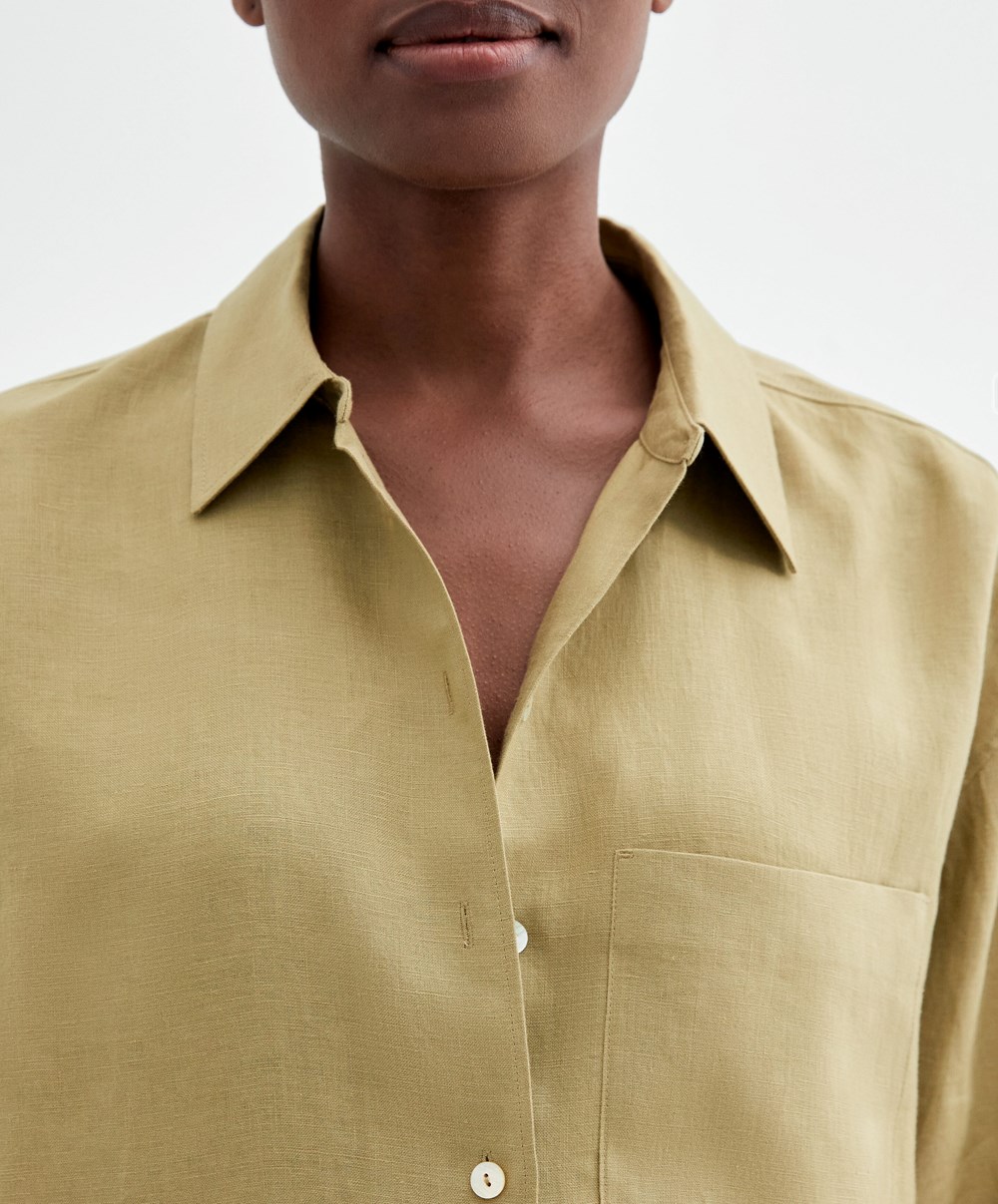 Oysho 100% Linen Long-sleeved Shirt Khaki | EDYAVS-043