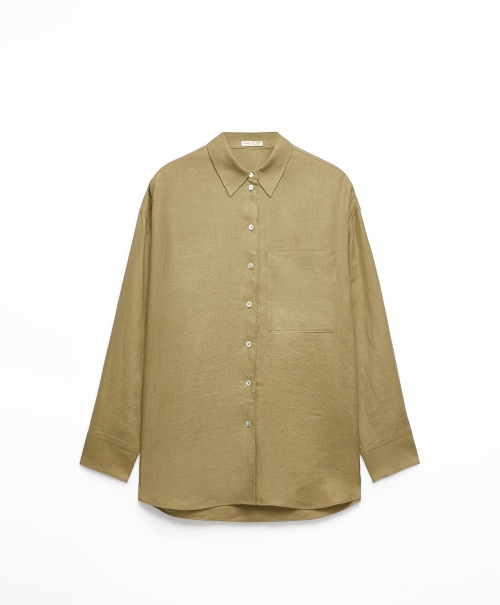 Oysho 100% Linen Long-sleeved Shirt Khaki | EDYAVS-043