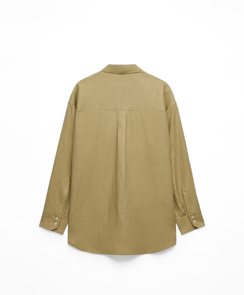 Oysho 100% Linen Long-sleeved Shirt Khaki | EDYAVS-043