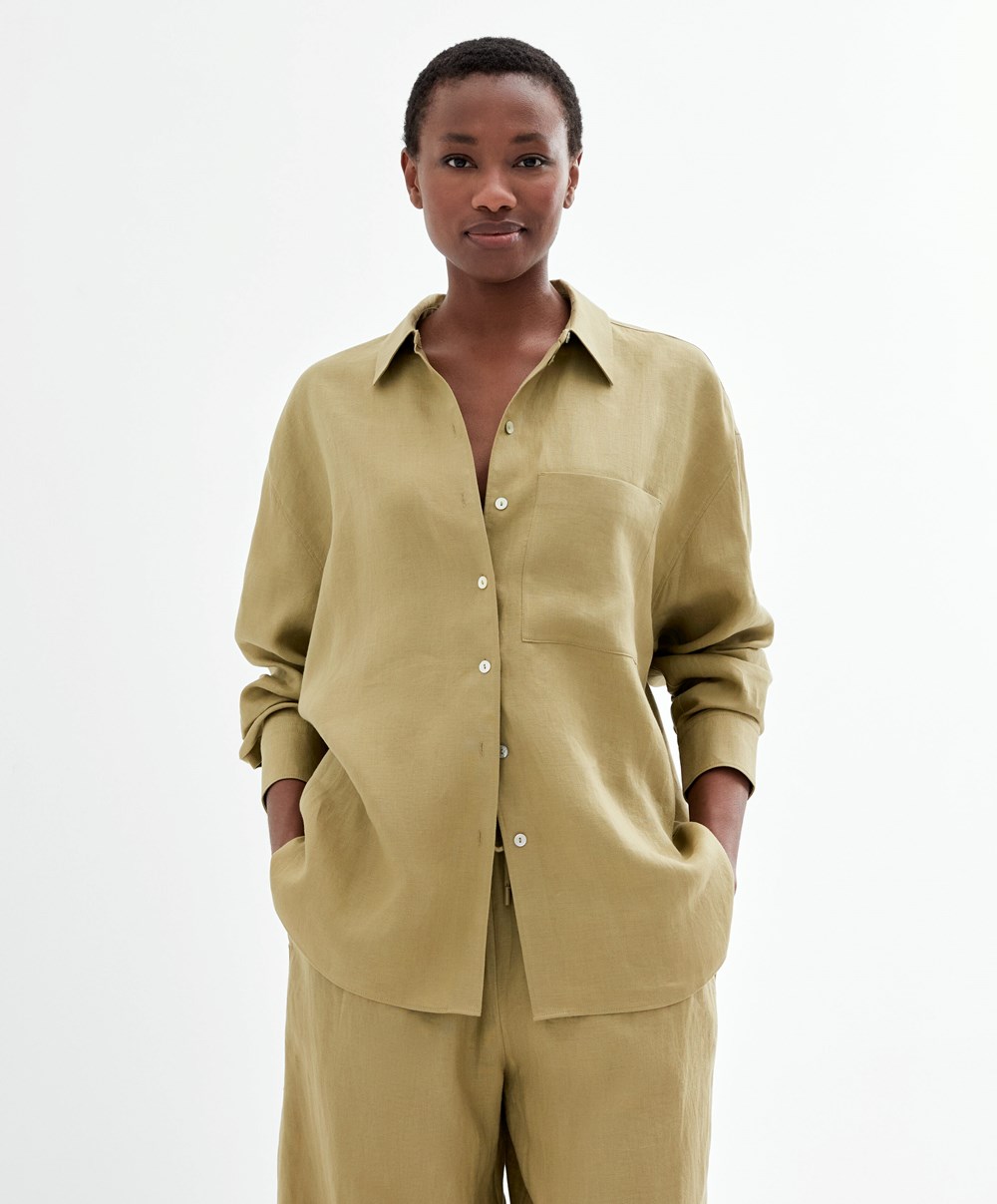 Oysho 100% Linen Long-sleeved Shirt Khaki | EDYAVS-043