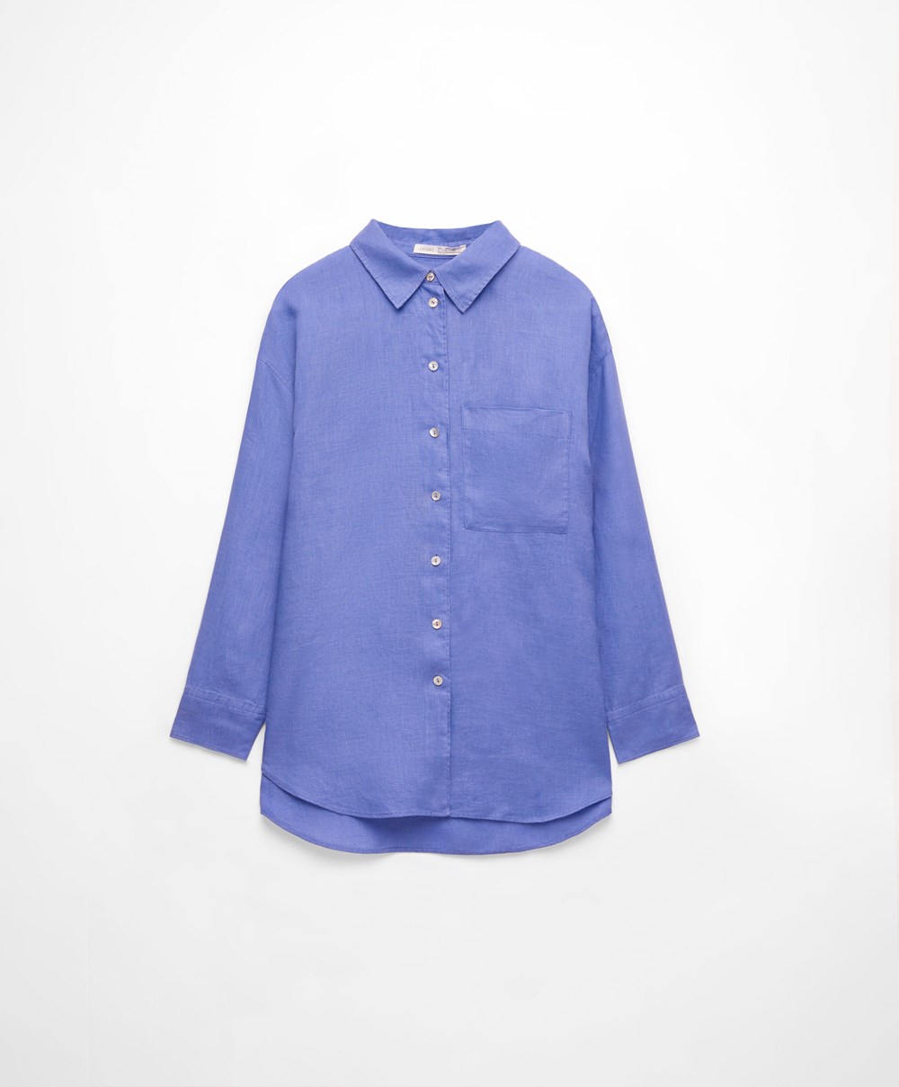 Oysho 100% Linen Long-sleeved Shirt Levendula | RWPOEK-059