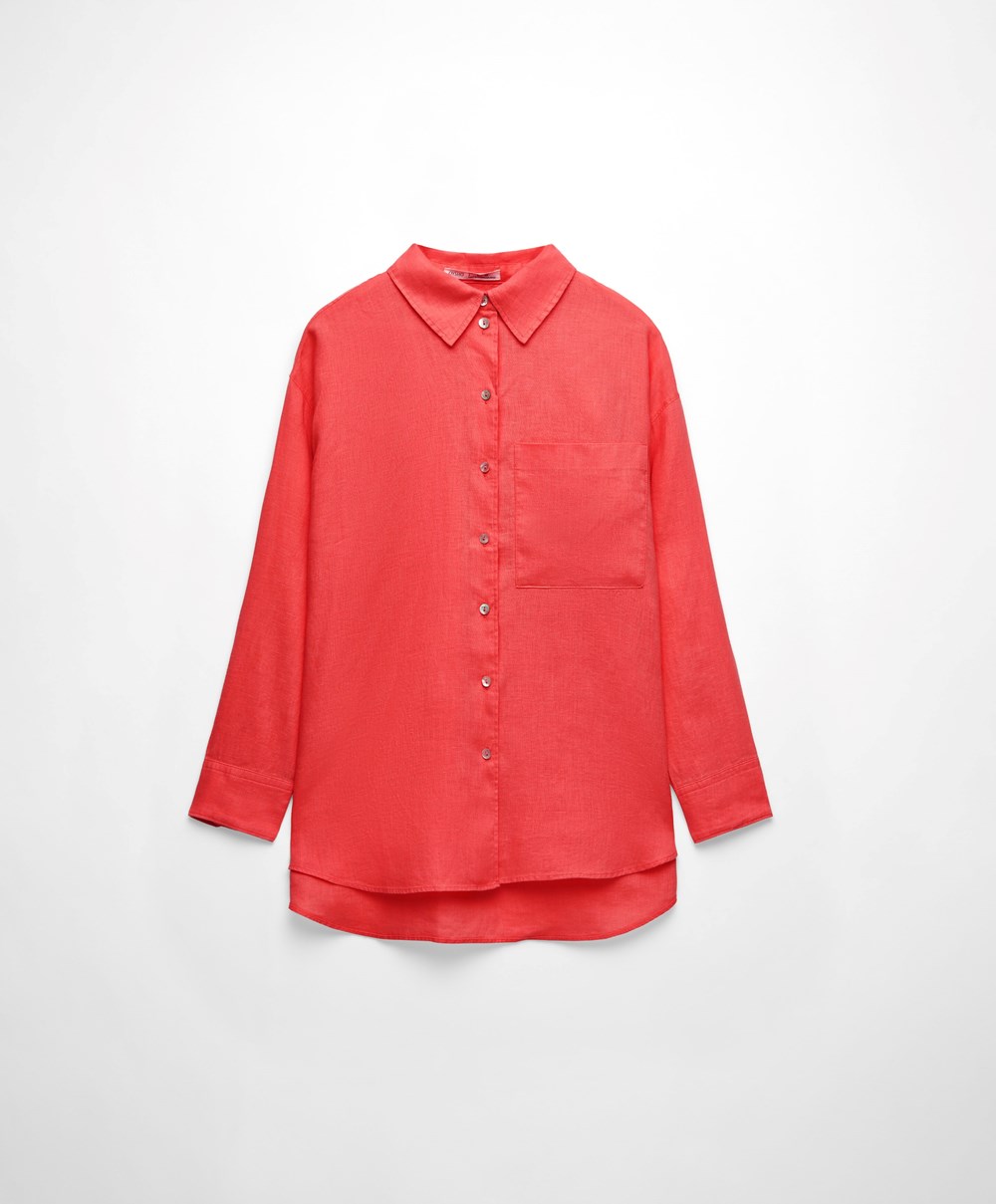 Oysho 100% Linen Long-sleeved Shirt Narancssárga | CANVGD-571