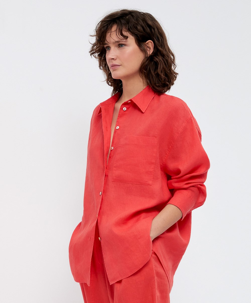 Oysho 100% Linen Long-sleeved Shirt Narancssárga | CANVGD-571