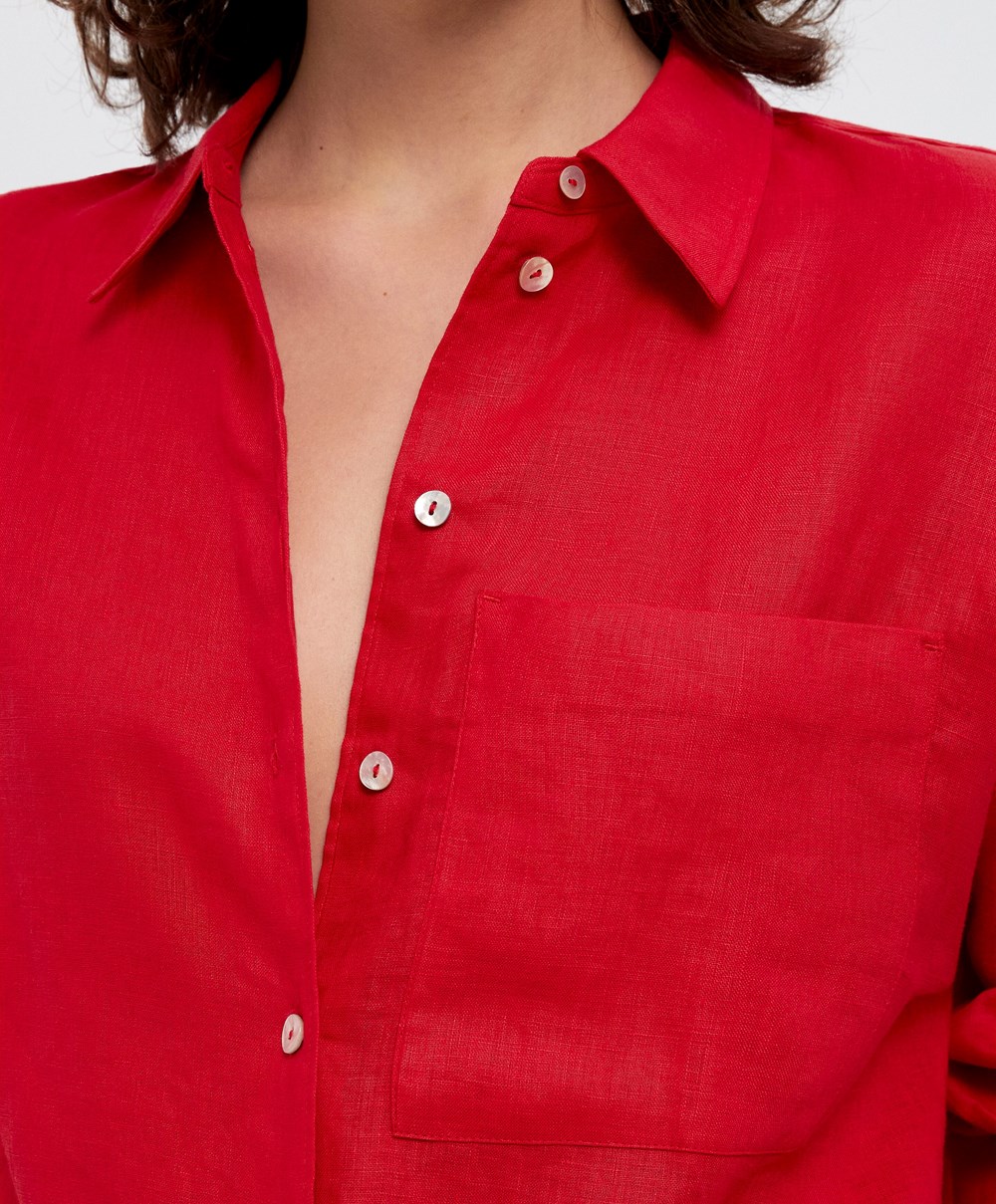 Oysho 100% Linen Long-sleeved Shirt Piros | WYOQRK-085