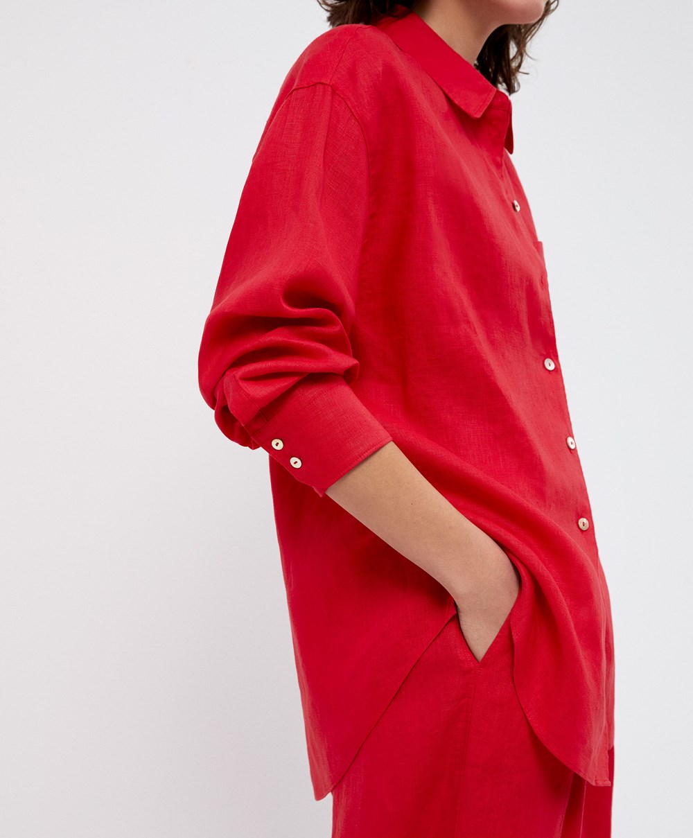 Oysho 100% Linen Long-sleeved Shirt Piros | WYOQRK-085