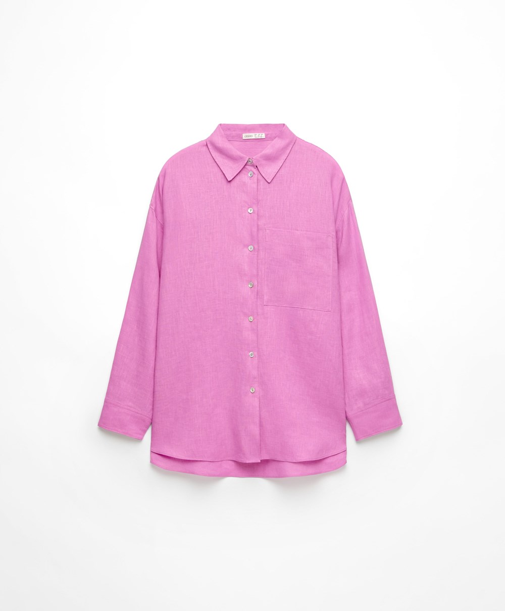 Oysho 100% Linen Long-sleeved Shirt Rózsaszín | LYORQZ-659