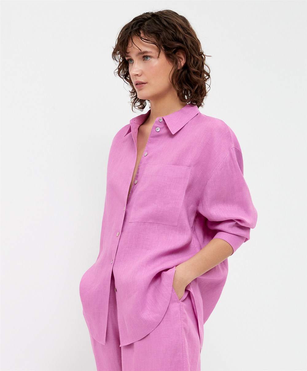 Oysho 100% Linen Long-sleeved Shirt Rózsaszín | LYORQZ-659