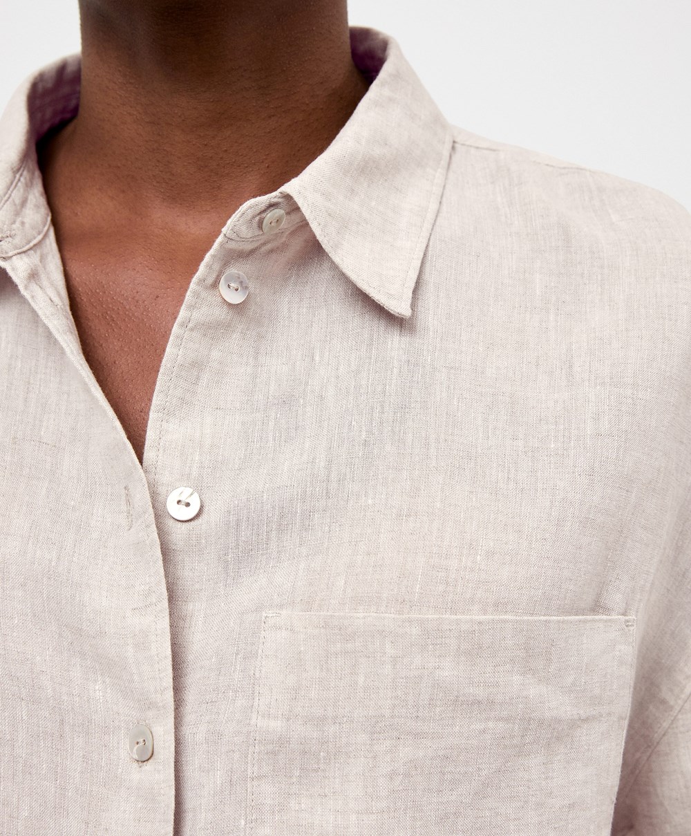 Oysho 100% Linen Long-sleeved Shirt Sand Melange | MOQBTX-382