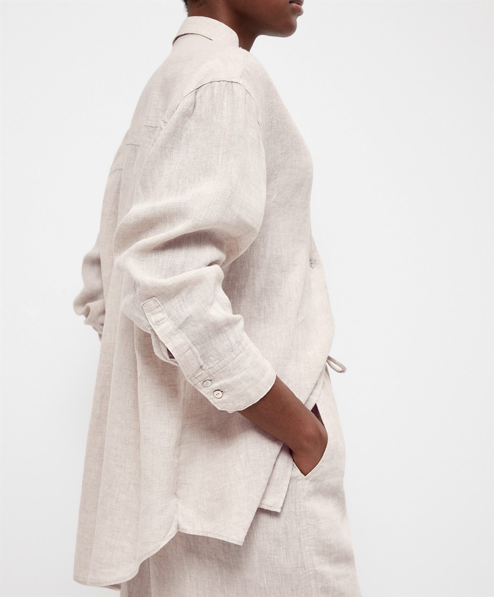 Oysho 100% Linen Long-sleeved Shirt Sand Melange | MOQBTX-382