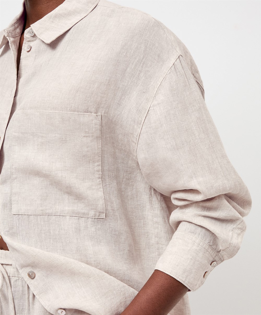 Oysho 100% Linen Long-sleeved Shirt Sand Melange | MOQBTX-382