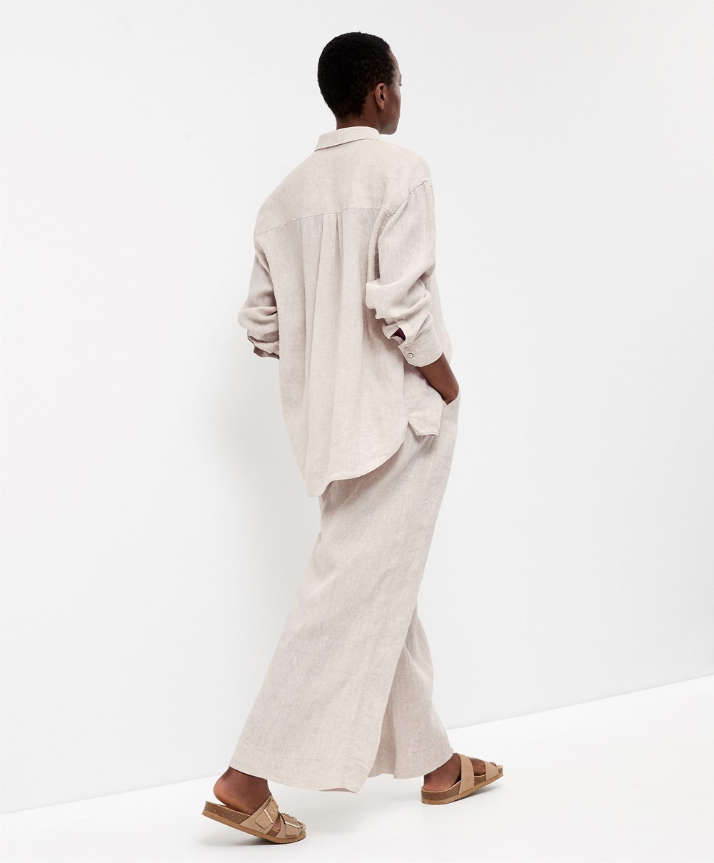 Oysho 100% Linen Long-sleeved Shirt Sand Melange | MOQBTX-382