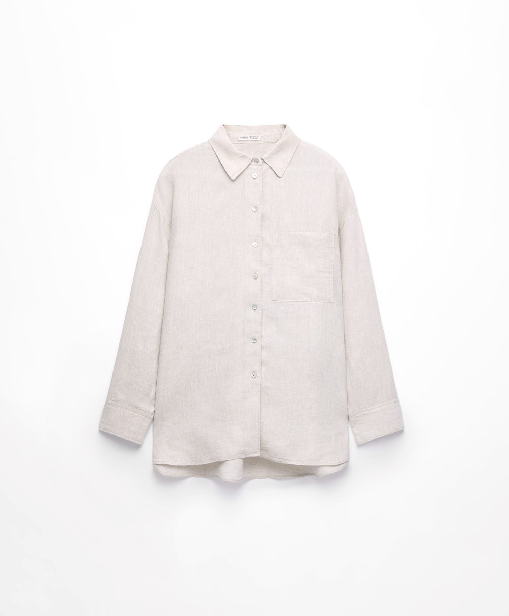 Oysho 100% Linen Long-sleeved Shirt Sand Melange | MOQBTX-382