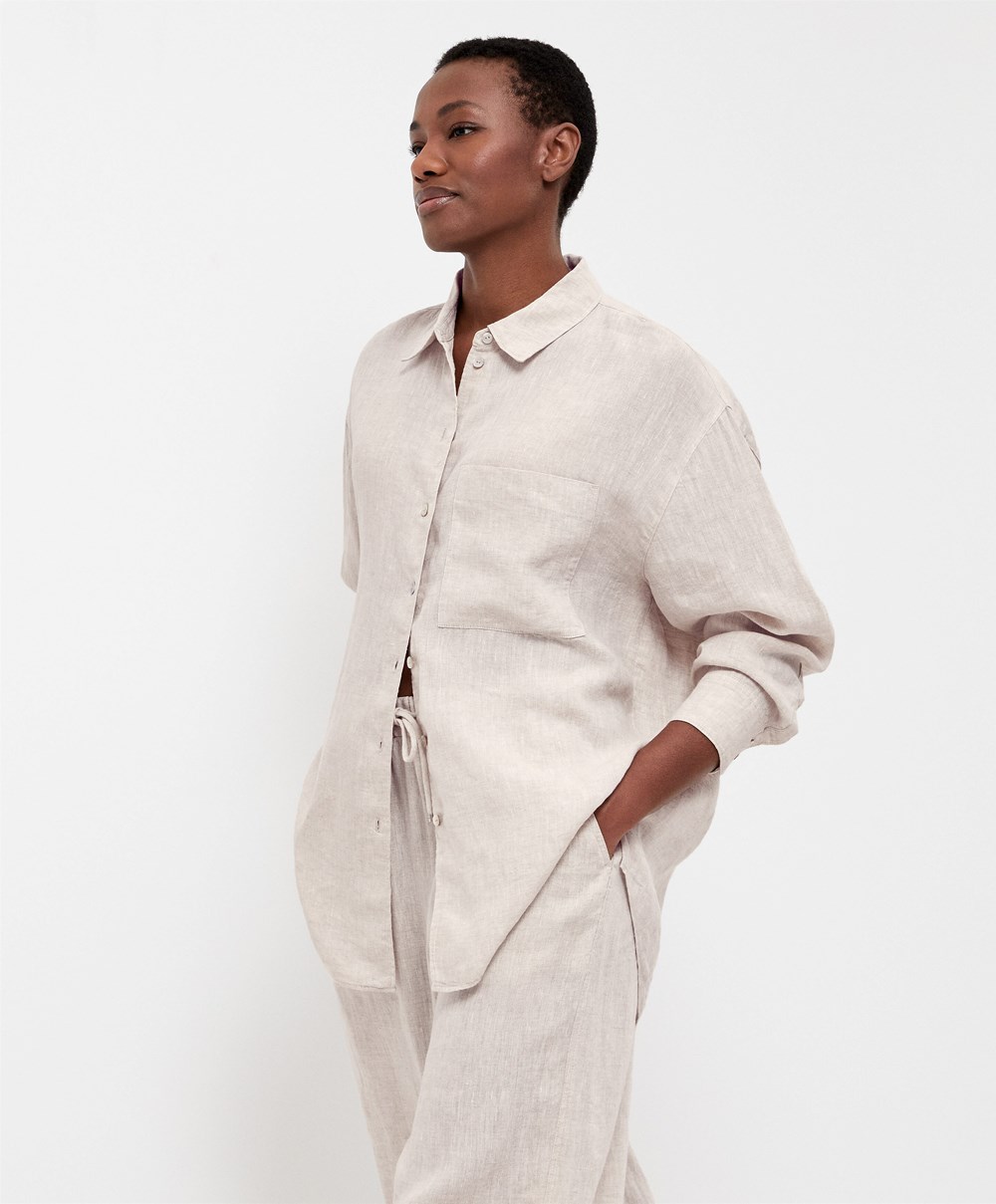 Oysho 100% Linen Long-sleeved Shirt Sand Melange | VDHABW-098