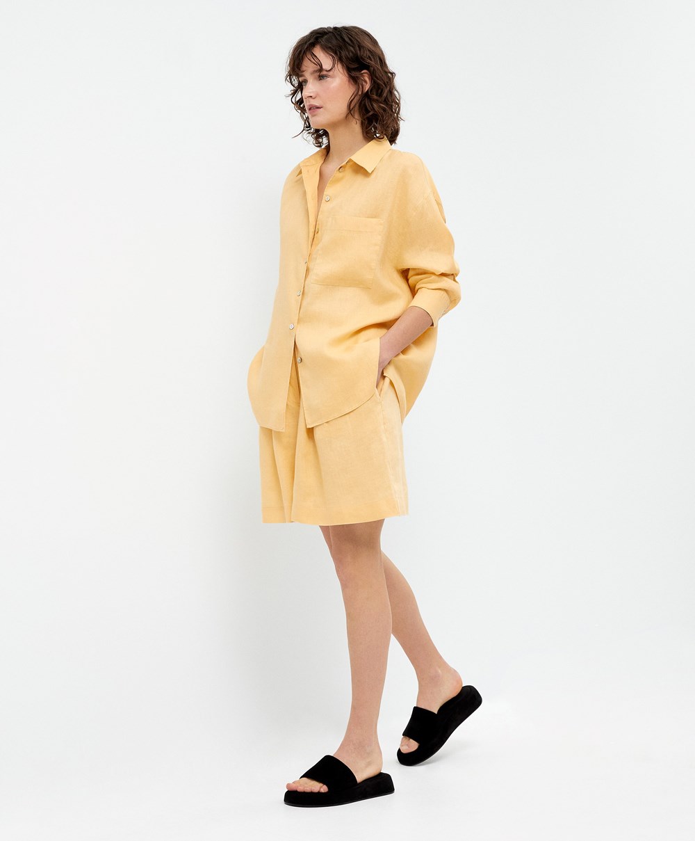 Oysho 100% Linen Long-sleeved Shirt Sárga | DGXVHZ-256