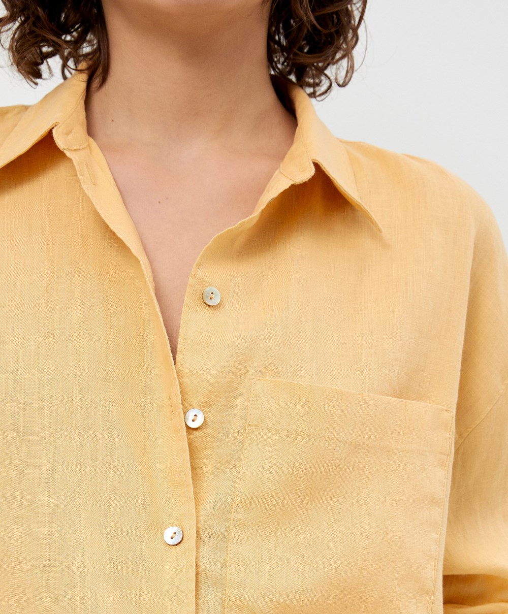 Oysho 100% Linen Long-sleeved Shirt Sárga | YHKQTG-782