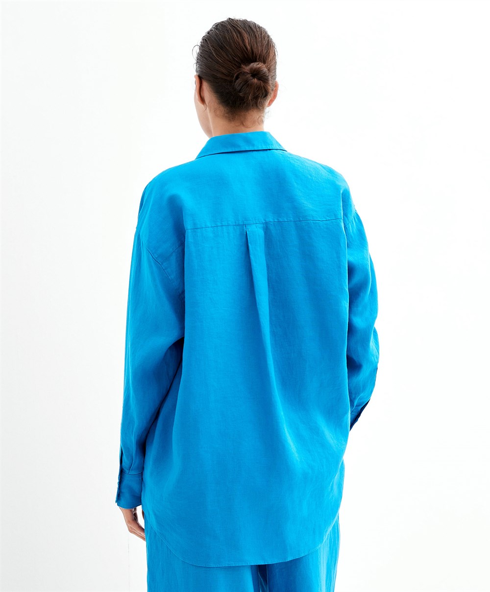 Oysho 100% Linen Long-sleeved Shirt Turquoise-blue | HWYSCM-273