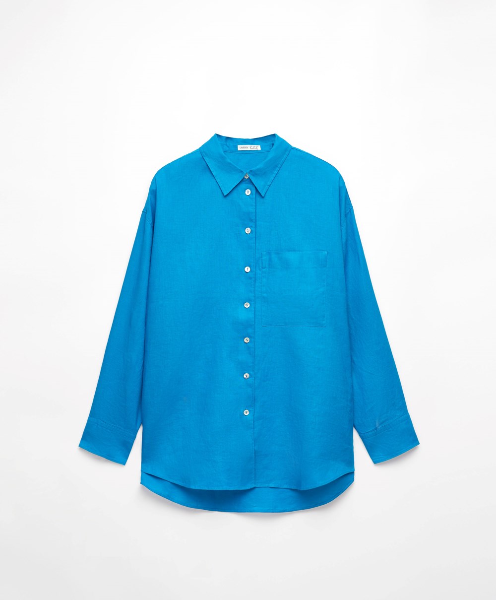 Oysho 100% Linen Long-sleeved Shirt Turquoise-blue | HWYSCM-273