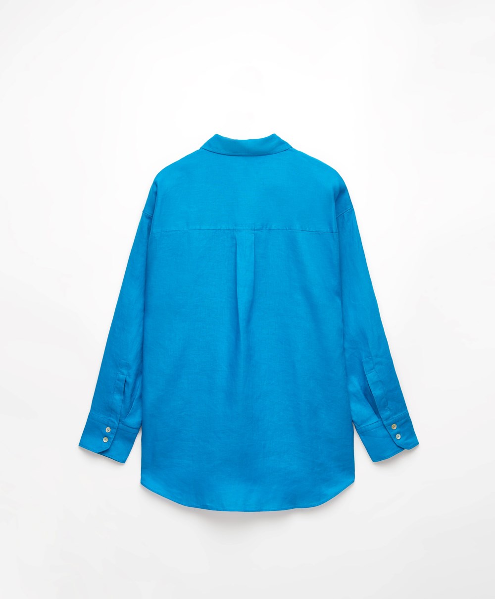 Oysho 100% Linen Long-sleeved Shirt Turquoise-blue | HWYSCM-273