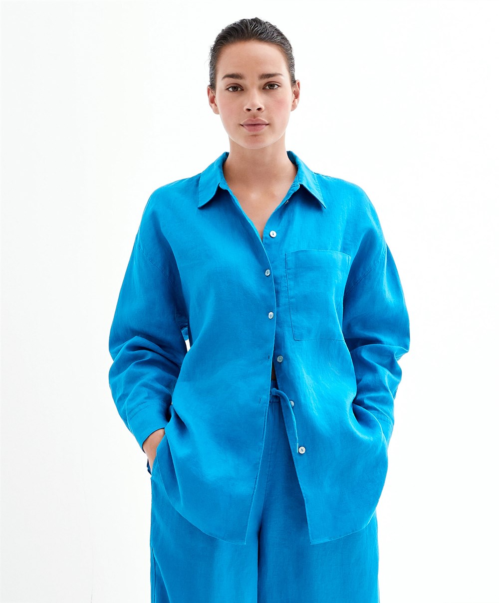 Oysho 100% Linen Long-sleeved Shirt Turquoise-blue | HWYSCM-273