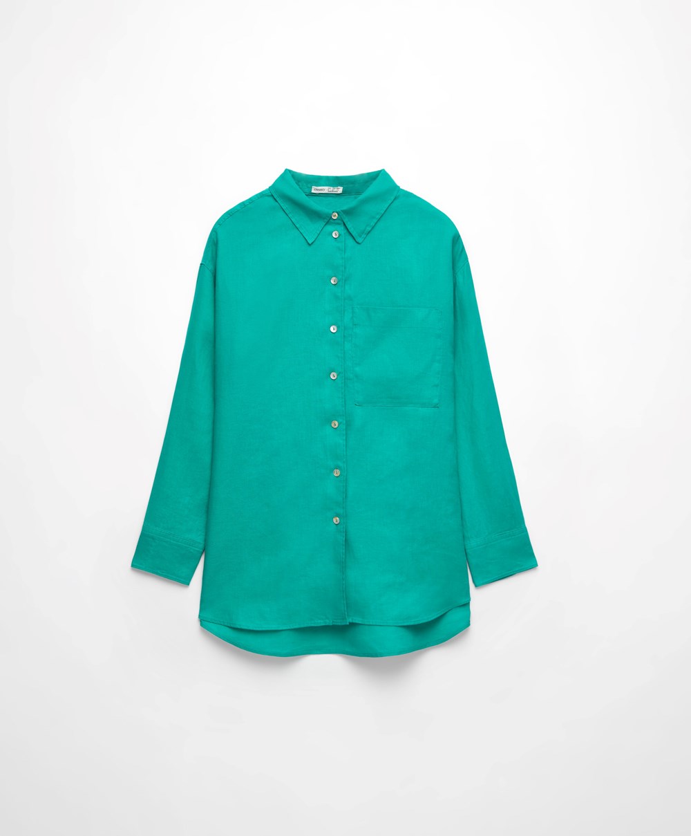 Oysho 100% Linen Long-sleeved Shirt Türkiz Zöld | BXCVOH-176