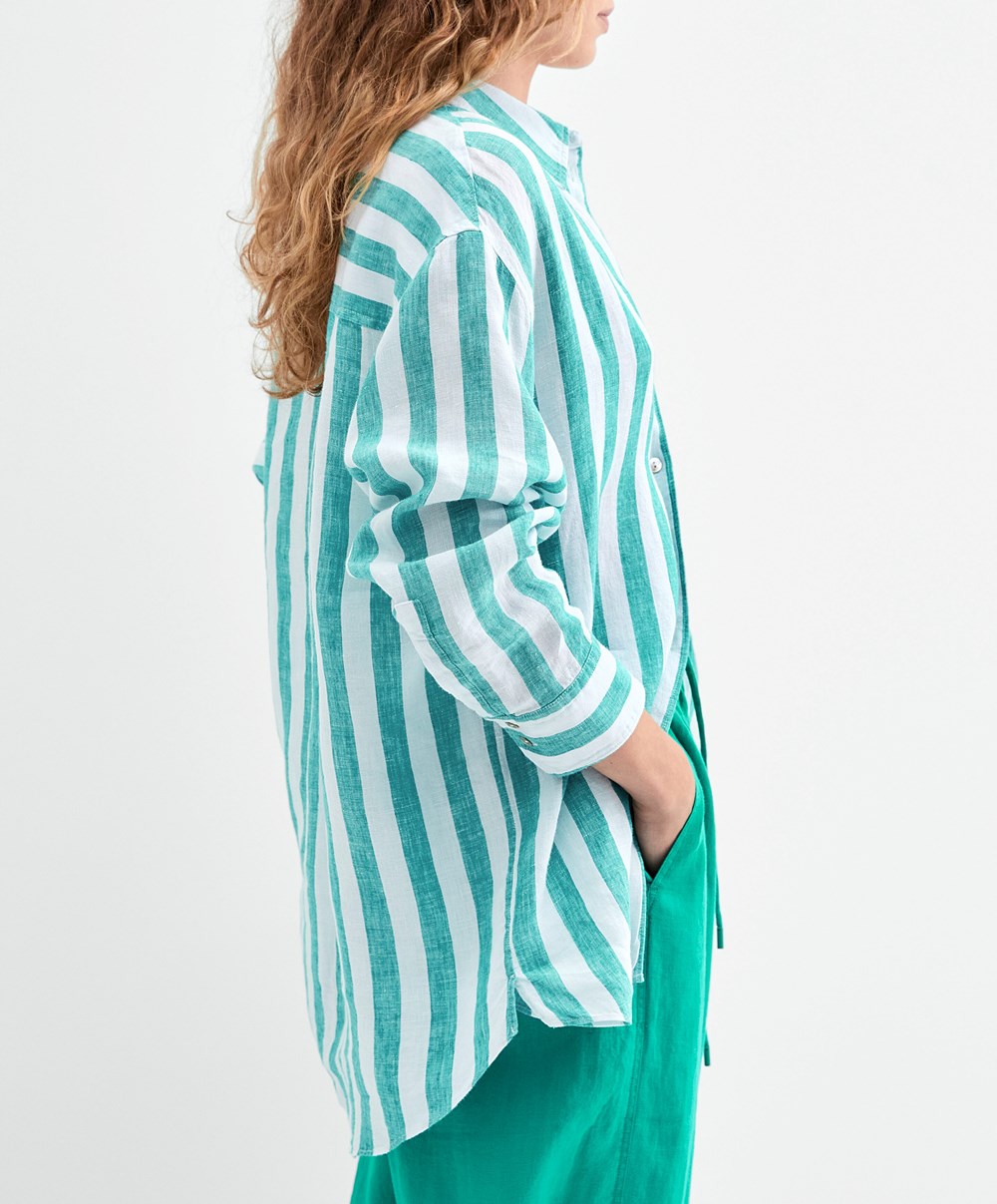 Oysho 100% Linen Long-sleeved Shirt Türkiz | EUIXOH-321