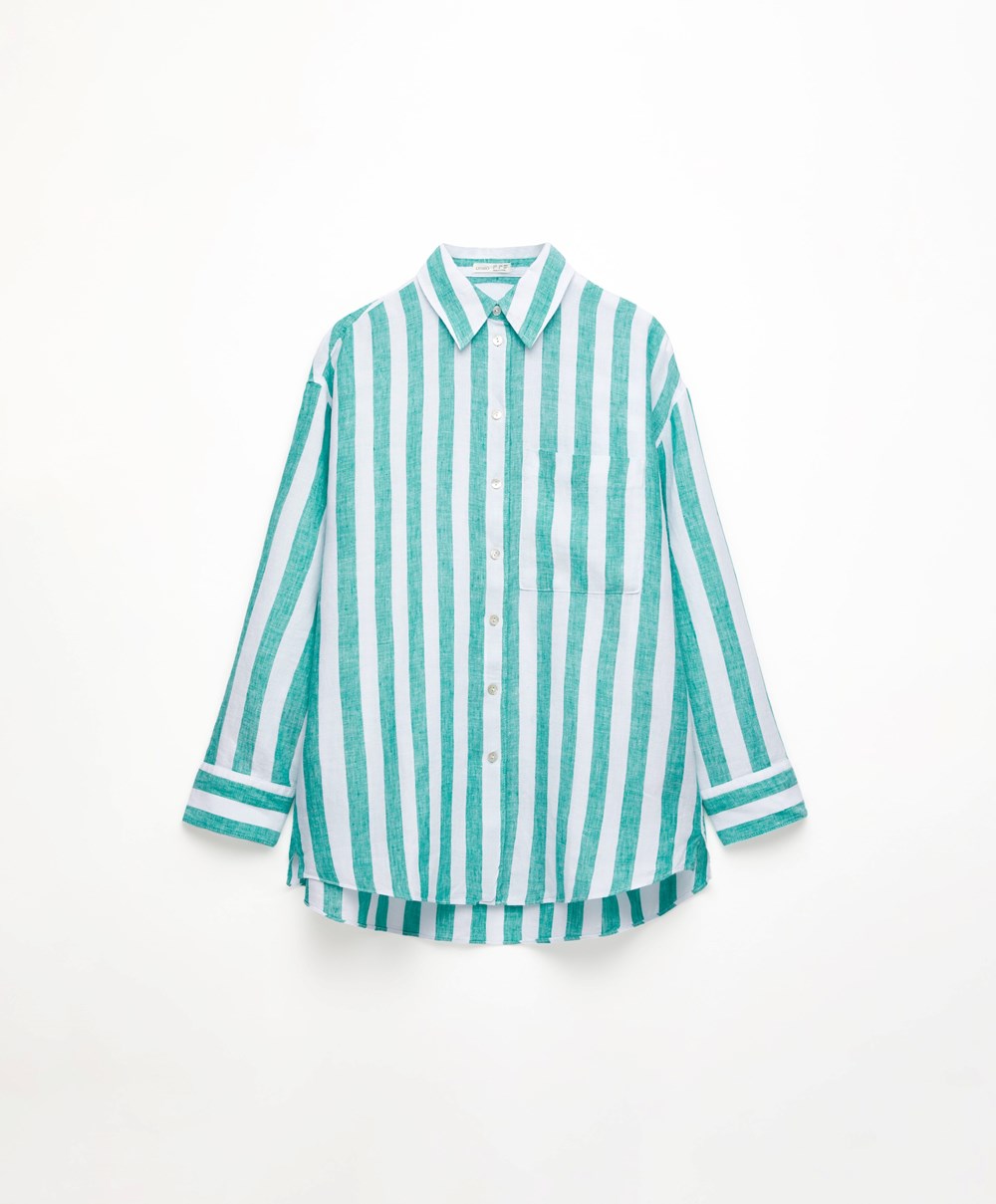 Oysho 100% Linen Long-sleeved Shirt Türkiz | EUIXOH-321