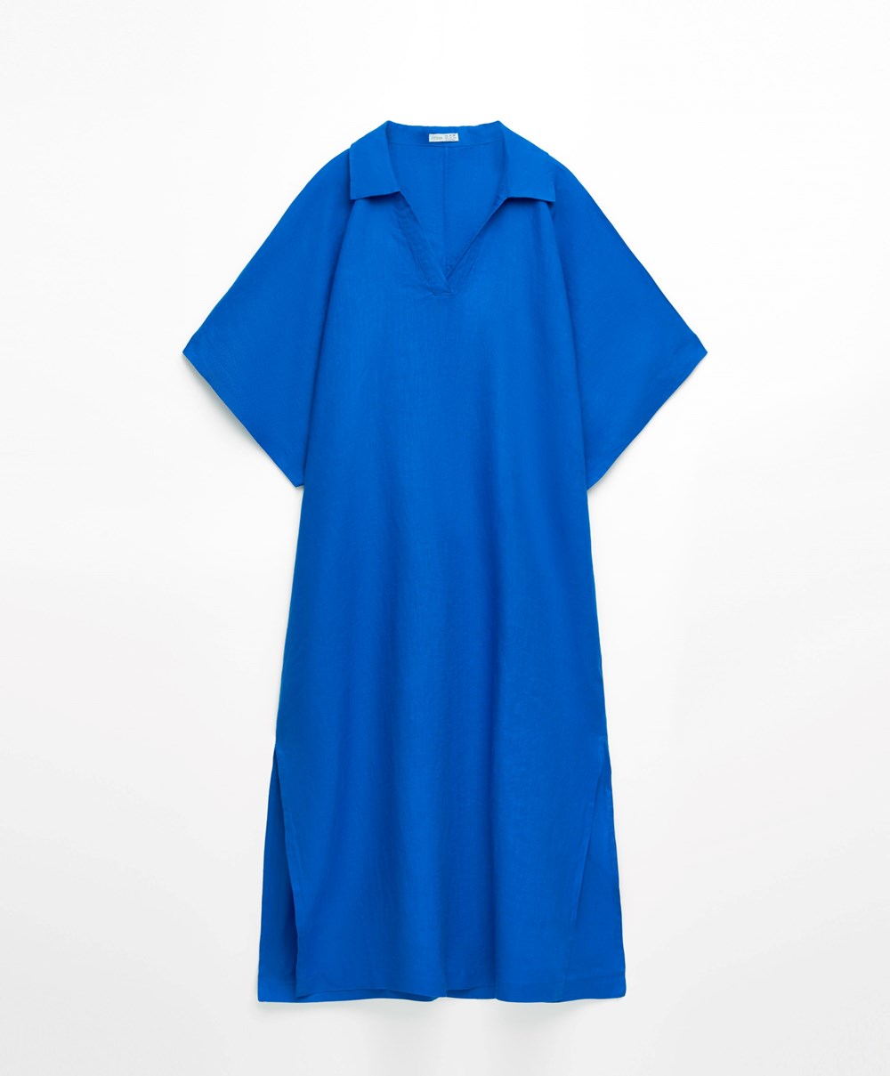 Oysho 100% Linen Polo Collar Tunic Ruha Kék | FLTKAV-286