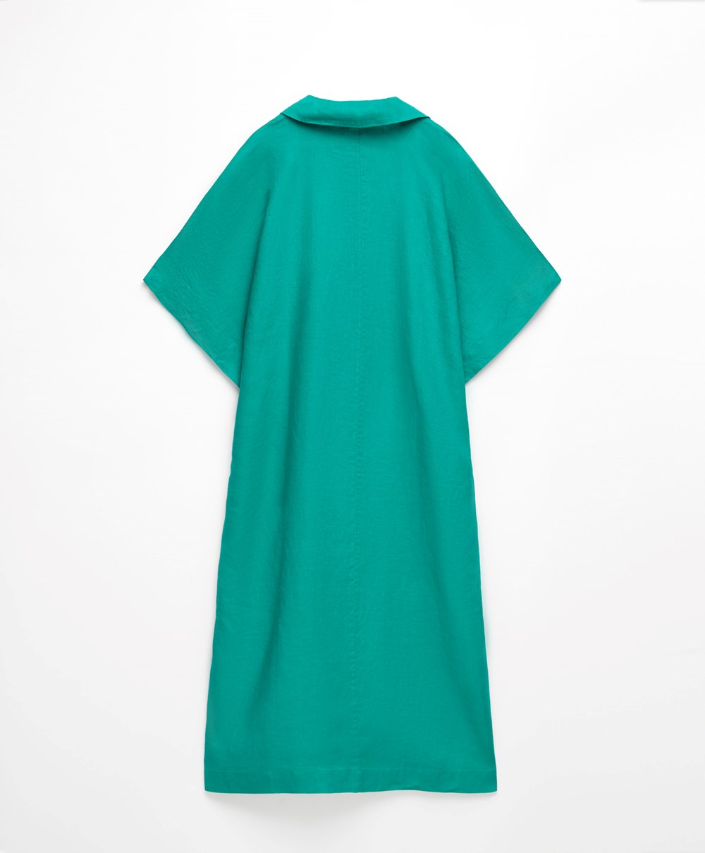 Oysho 100% Linen Polo Collar Tunic Ruha Türkiz Zöld | JIKYNF-753