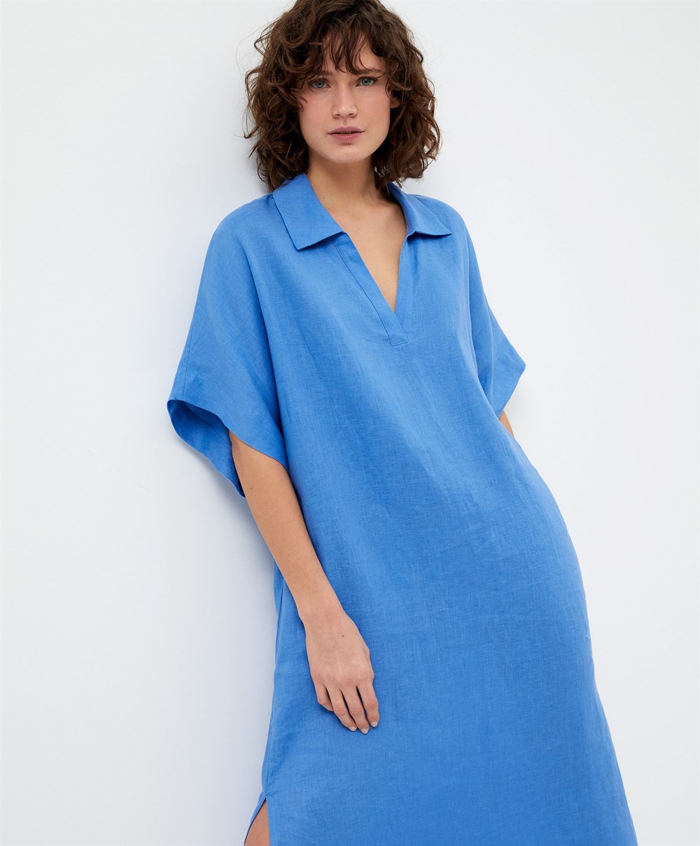 Oysho 100% Linen Polo Collar Tunic Ruha Kék | NAJORH-182