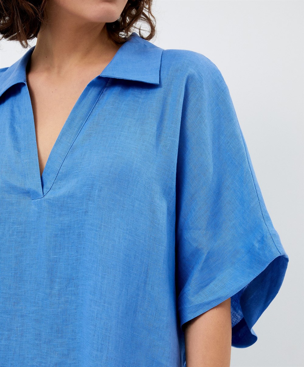 Oysho 100% Linen Polo Collar Tunic Ruha Kék | NAJORH-182