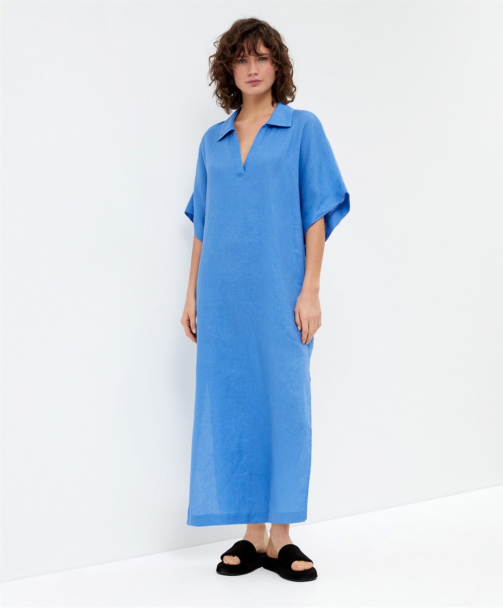 Oysho 100% Linen Polo Collar Tunic Ruha Kék | NAJORH-182