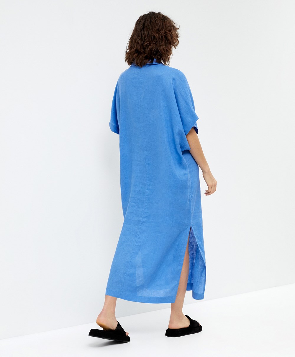 Oysho 100% Linen Polo Collar Tunic Ruha Kék | NAJORH-182