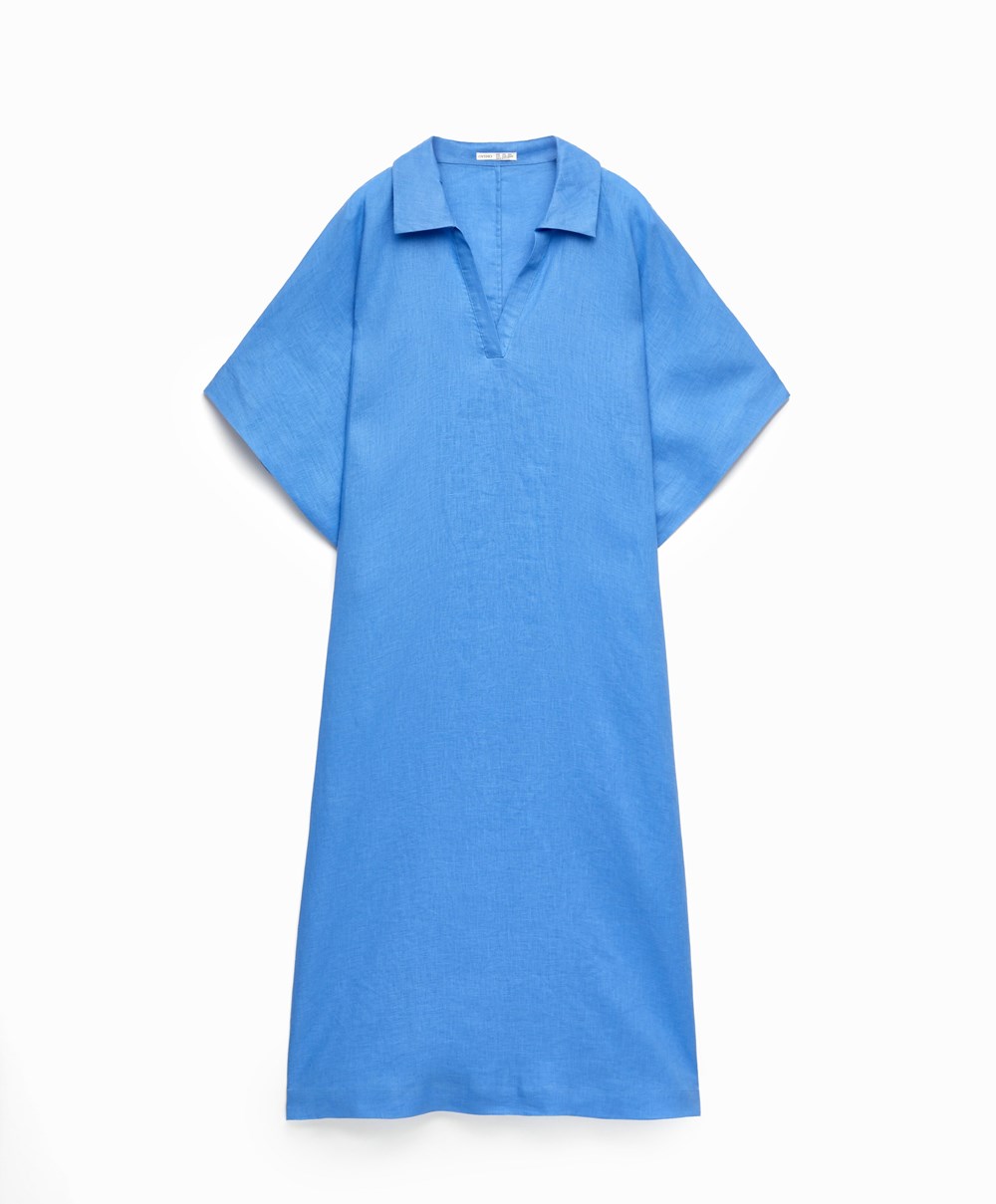 Oysho 100% Linen Polo Collar Tunic Ruha Kék | NAJORH-182