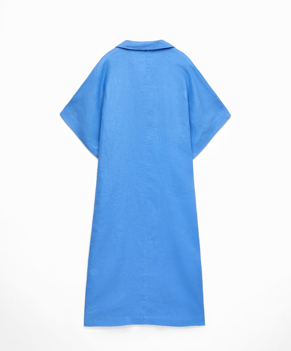 Oysho 100% Linen Polo Collar Tunic Ruha Kék | NAJORH-182