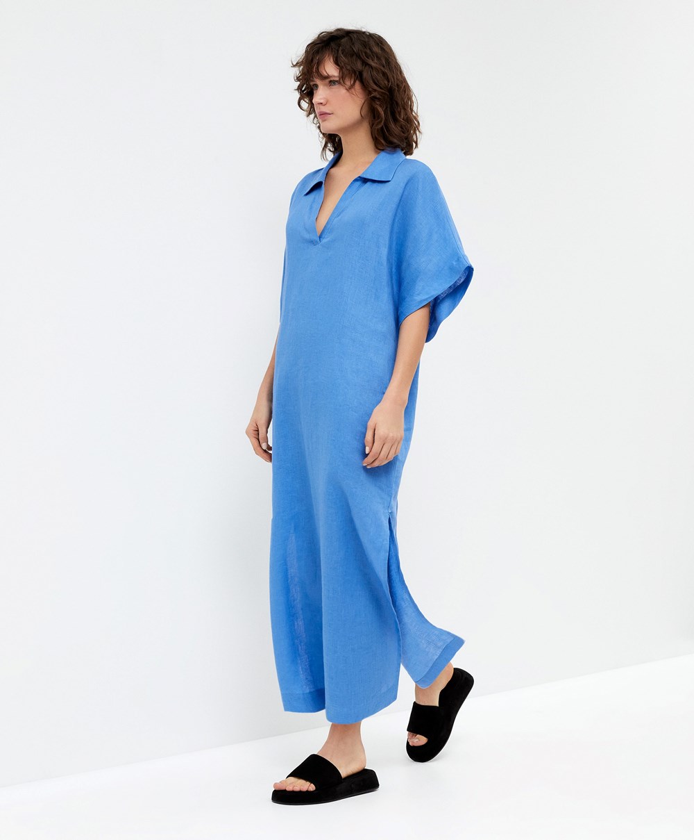 Oysho 100% Linen Polo Collar Tunic Ruha Kék | NAJORH-182