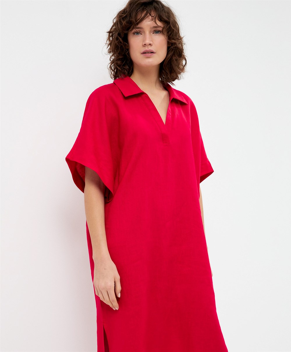 Oysho 100% Linen Polo Collar Tunic Ruha Piros | UJZDSW-413