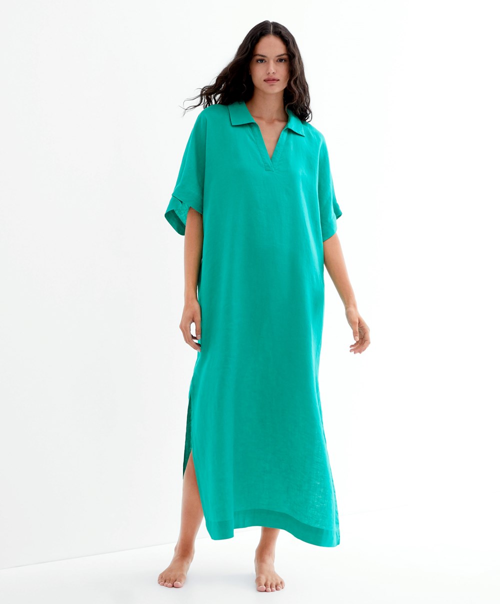 Oysho 100% Linen Polo Collar Tunic Ruha Türkiz Zöld | WXJHTI-086