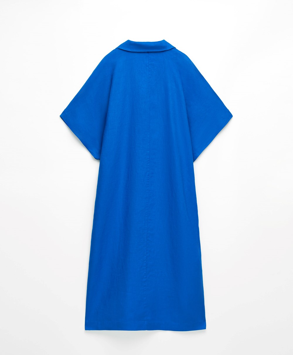 Oysho 100% Linen Polo Collar Tunic Ruha Kék | XWFGZL-594