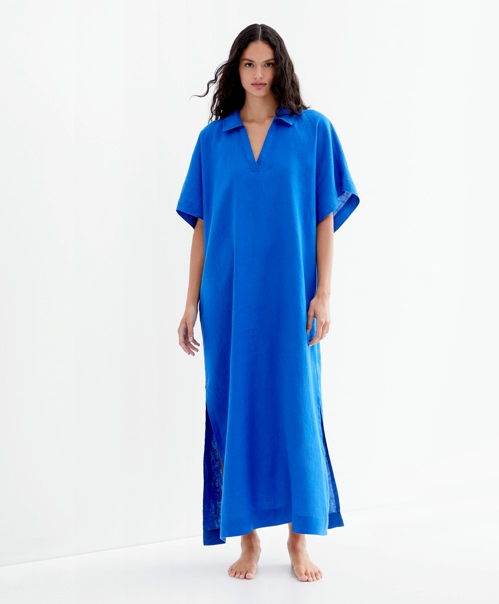 Oysho 100% Linen Polo Collar Tunic Ruha Kék | XWFGZL-594