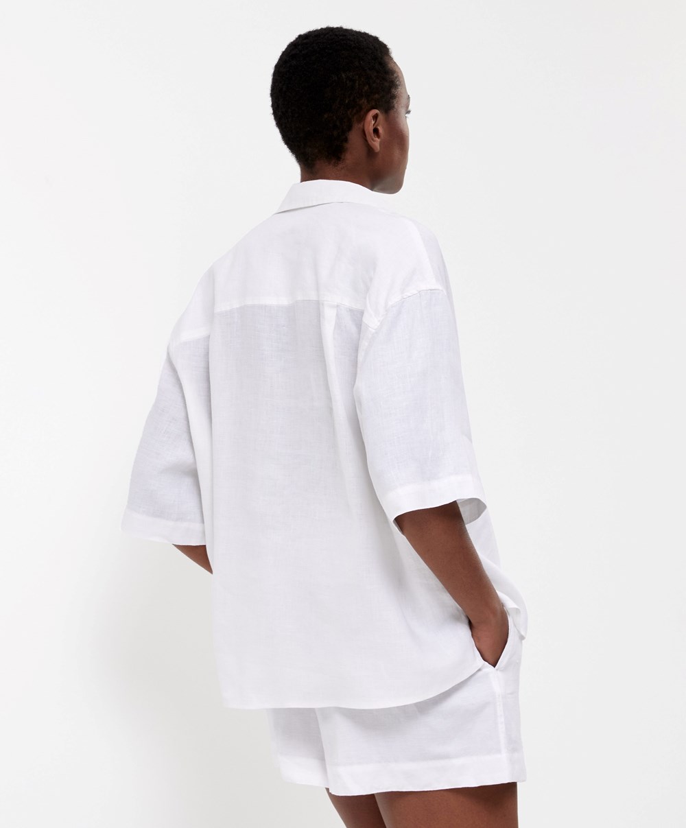 Oysho 100% Linen Shirt Fehér | GWIAFY-367