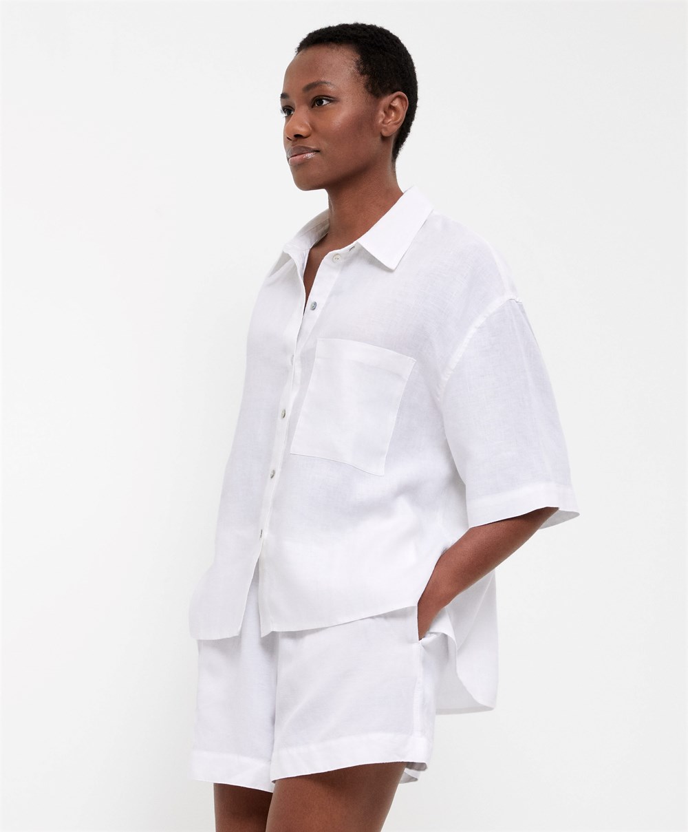 Oysho 100% Linen Shirt Fehér | GWIAFY-367